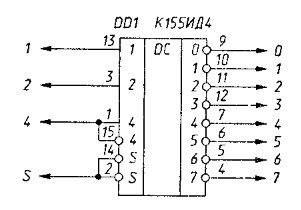 Дешифратор на три входа и восемь выходов на основе К155ИД4